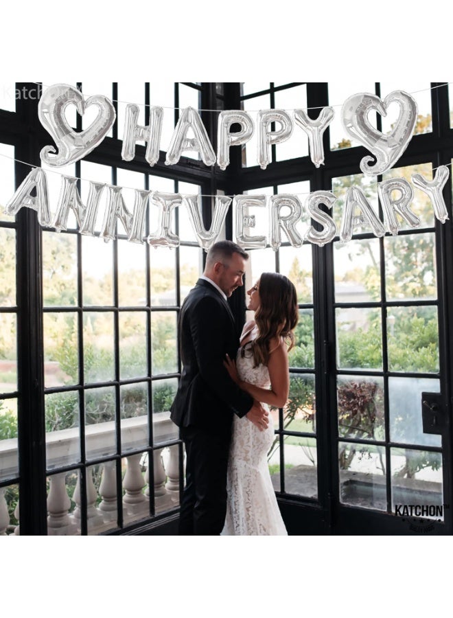 KATCHON Silver Happy Anniversary Balloons Letters - Big, 18 Inch | Silver Happy Anniversary Balloon Banner | Heart Balloons - Image 4
